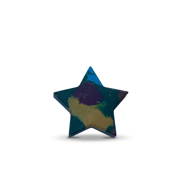 Handmade star-shaped Waxadoodle crayon with swirled colors