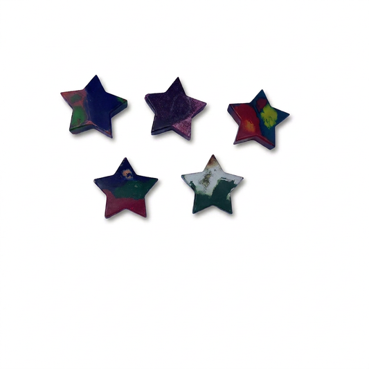 Handmade star-shaped Waxadoodle crayon with swirled colors