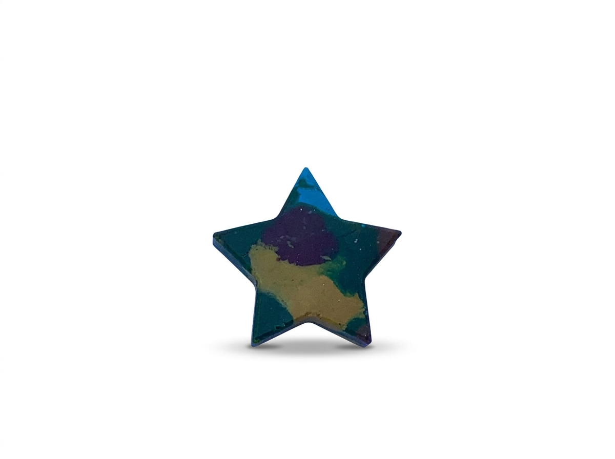 Handmade star-shaped Waxadoodle crayon with swirled colors
