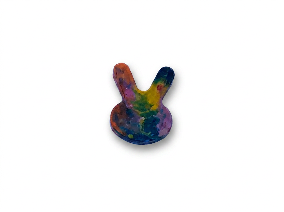 Handmade bunny-shaped Waxadoodle crayon with rainbow colors swirled together