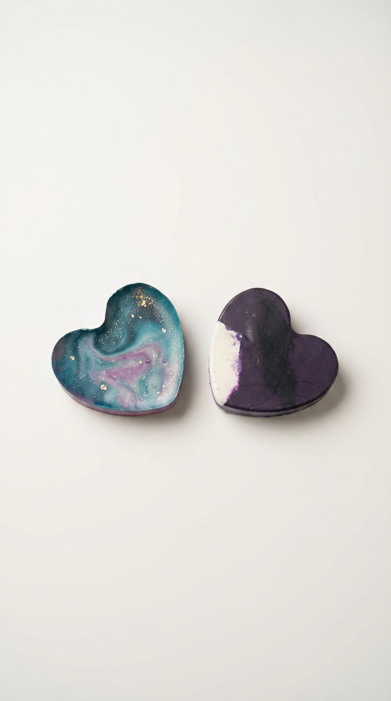 Two handmade heart-shaped Waxadoodle crayons with swirled multicolor patterns